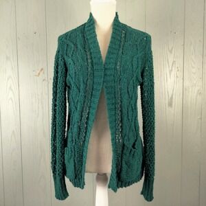 Francescas Cardigan Sweater Womens S Green‎ Crochet Open Front Cable Knit Fairy